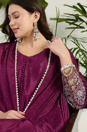 Purple chinon stitched gown with embellished dupatta full sleeve embroidered