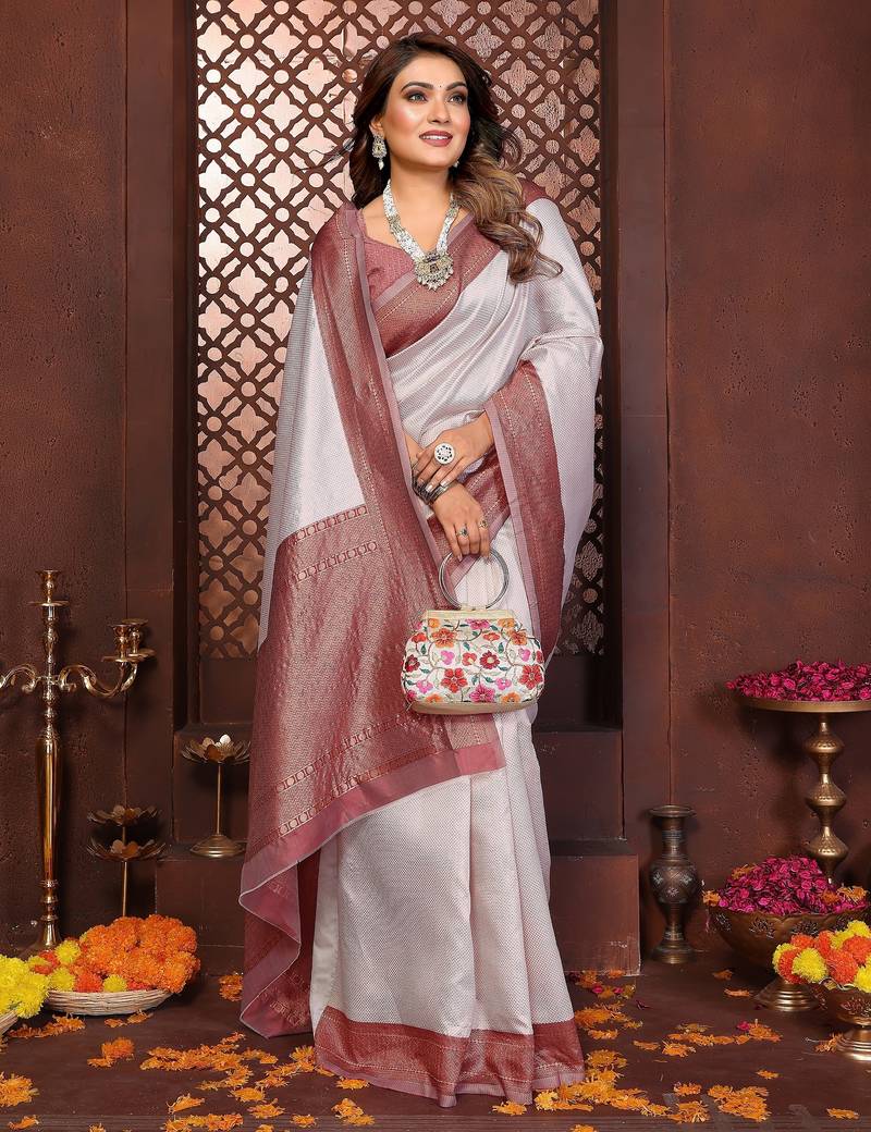 cream banarasi silk jacquard saree for women