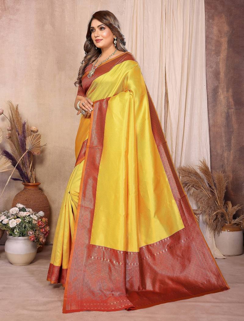 mustard banarasi silk jacquard saree for women