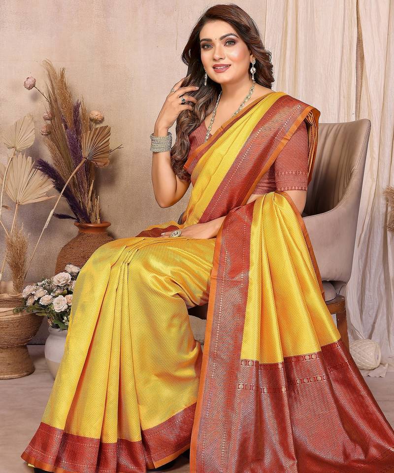 mustard banarasi silk jacquard saree for women