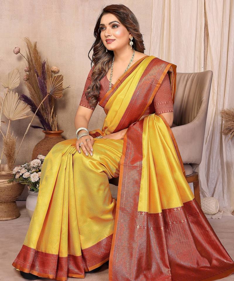 mustard banarasi silk jacquard saree for women
