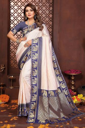 Navy-blue banarasi silk jacquard saree for women
