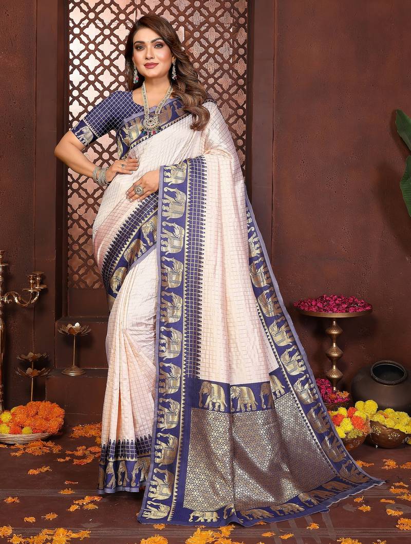 Navy-blue banarasi silk jacquard saree for women