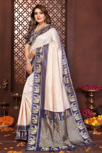 Navy-blue banarasi silk jacquard saree for women