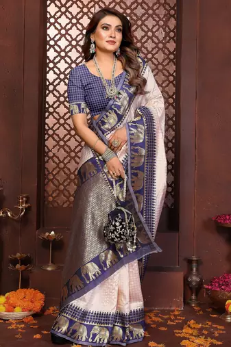 Navy-blue banarasi silk jacquard saree for women
