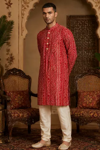 Multi shades men's red rayon kurta  full sleeve