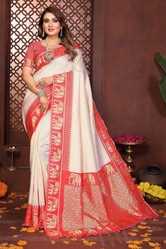 Red banarasi silk jacquard saree for women