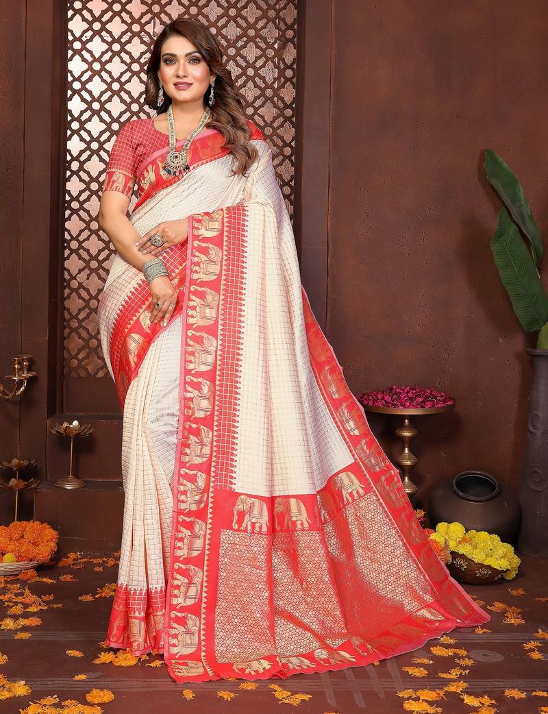 Red banarasi silk jacquard saree for women
