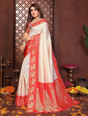Red banarasi silk jacquard saree for women 2