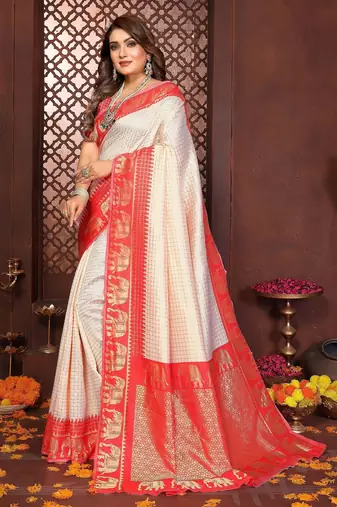 Red banarasi silk jacquard saree for women