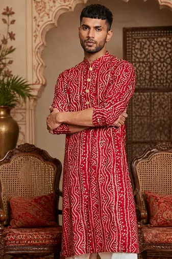 Multi shades men's red rayon kurta  full sleeve