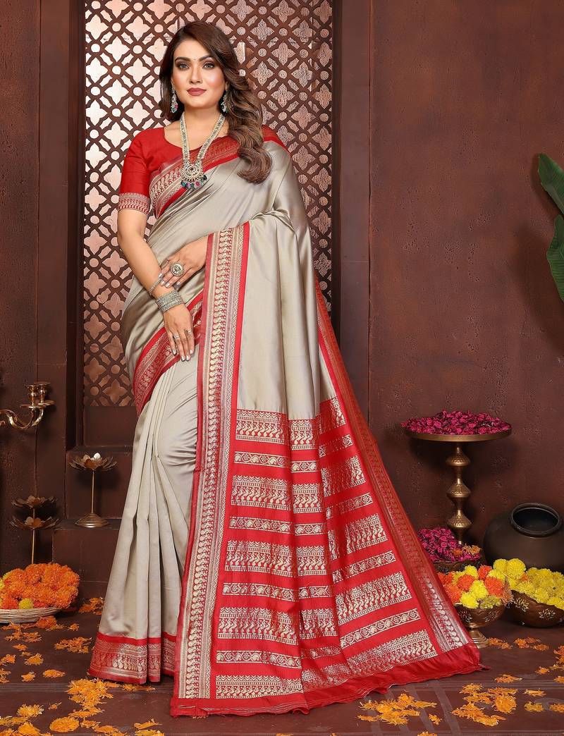 Beige banarasi silk jacquard saree for women