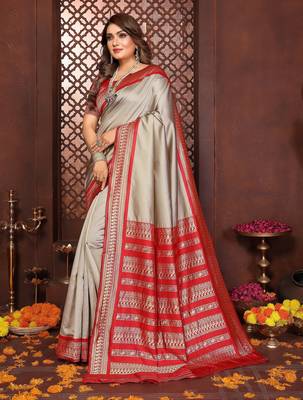 Beige banarasi silk jacquard saree for women 2