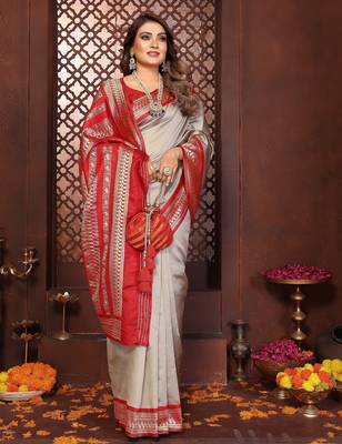 Beige banarasi silk jacquard saree for women 5