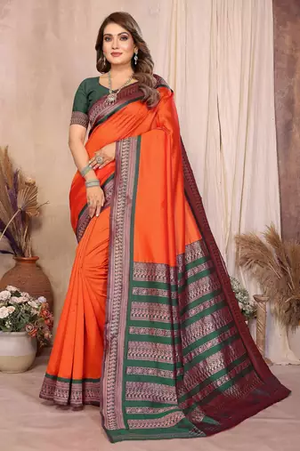 Orange banarasi silk jacquard saree for women