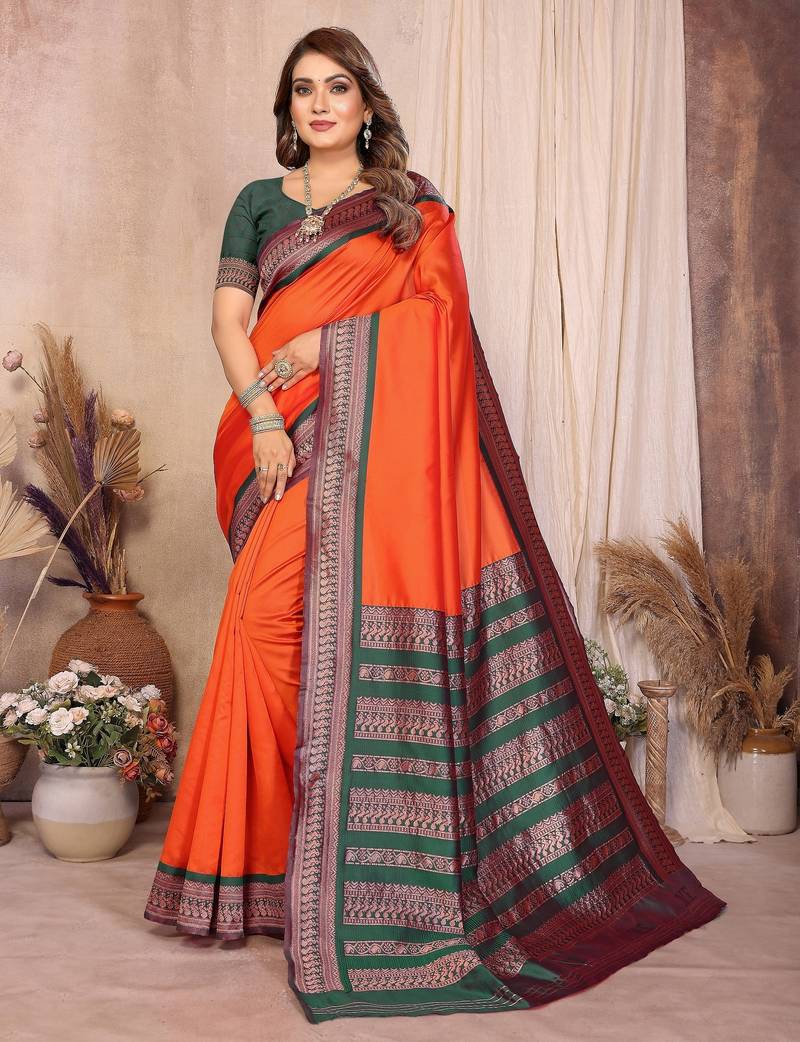 Orange banarasi silk jacquard saree for women
