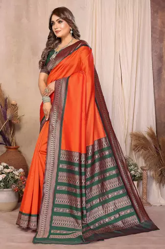 Orange banarasi silk jacquard saree for women