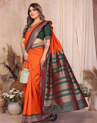 Orange banarasi silk jacquard saree for women 4