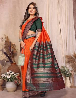 Orange banarasi silk jacquard saree for women 5
