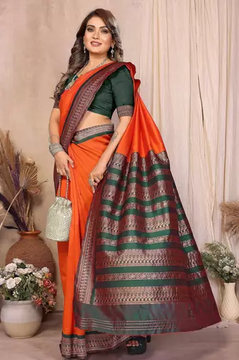 Orange banarasi silk jacquard saree for women