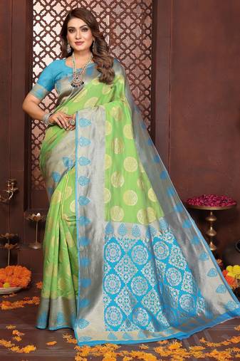 Parrot-green banarasi silk jacquard saree for women