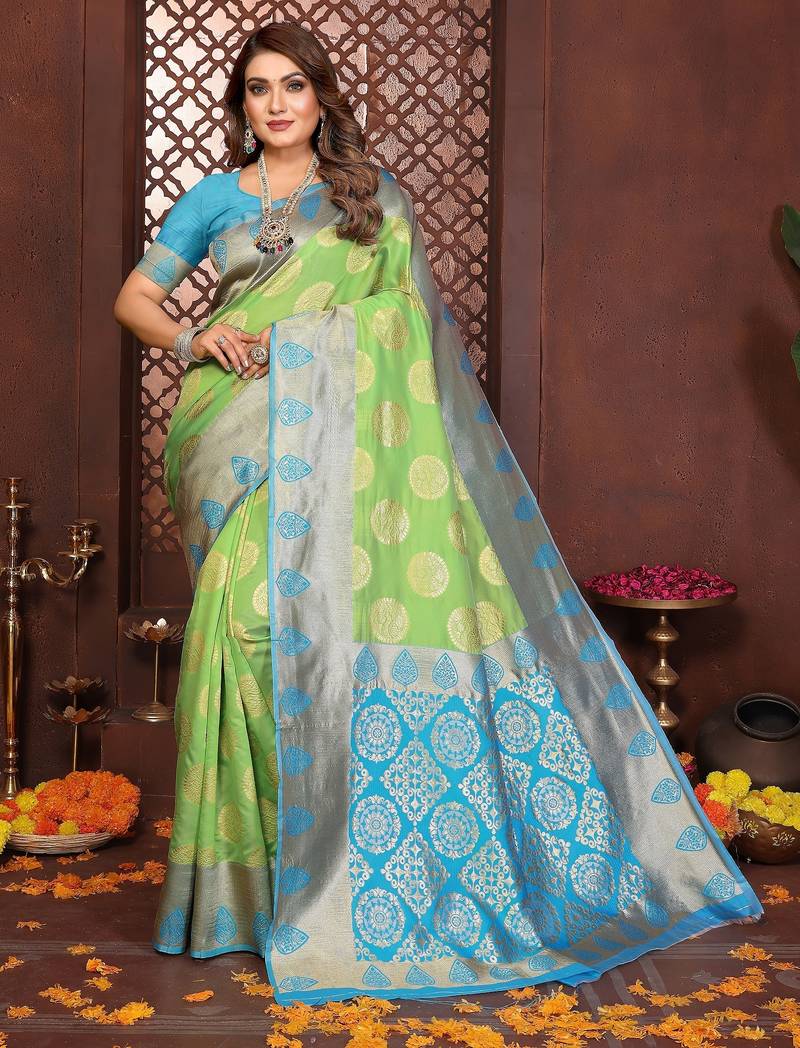 Parrot-green banarasi silk jacquard saree for women