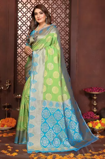 Parrot-green banarasi silk jacquard saree for women