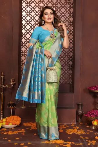 Parrot-green banarasi silk jacquard saree for women