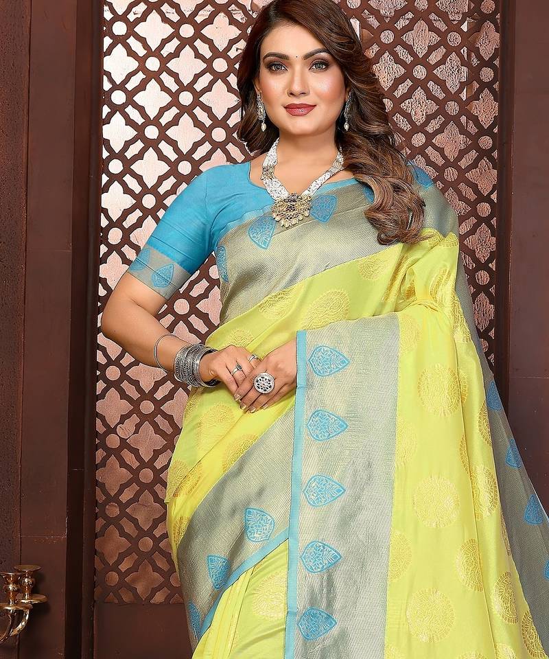 Yellow banarasi silk jacquard saree for women