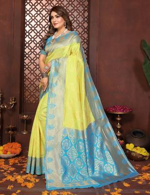 Yellow banarasi silk jacquard saree for women 2