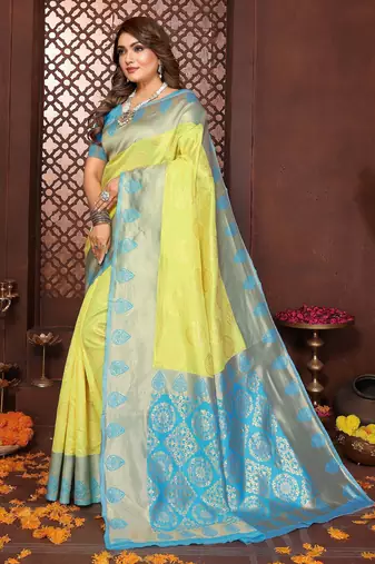 Yellow banarasi silk jacquard saree for women