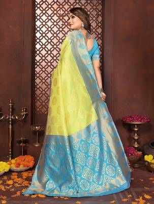 Yellow banarasi silk jacquard saree for women 3