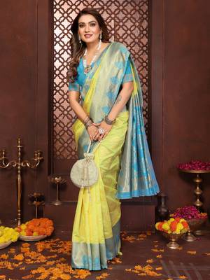 Yellow banarasi silk jacquard saree for women 4
