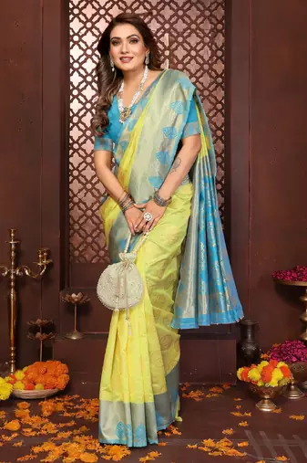 Yellow banarasi silk jacquard saree for women