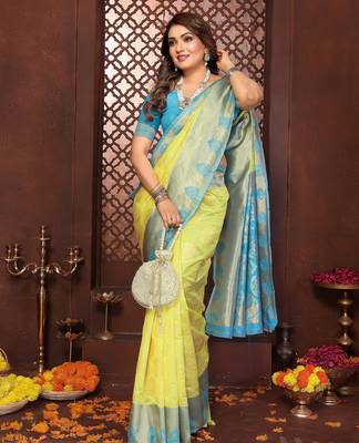 Yellow banarasi silk jacquard saree for women 5