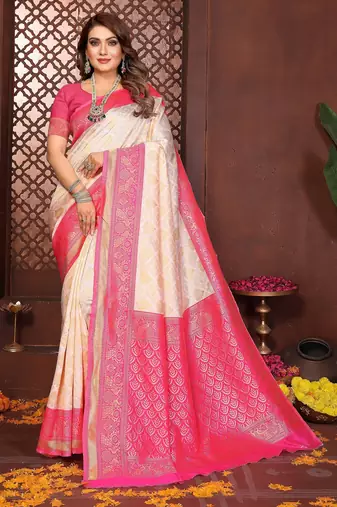 Pink banarasi silk jacquard saree for women