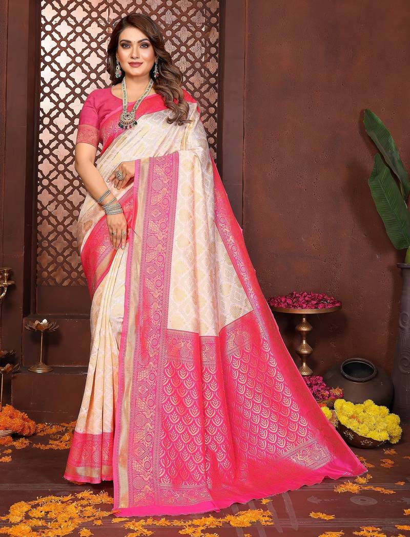 Pink banarasi silk jacquard saree for women