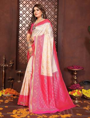 Pink banarasi silk jacquard saree for women 2
