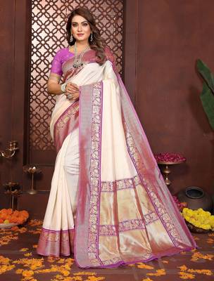 Cream banarasi silk jacquard saree for women 1