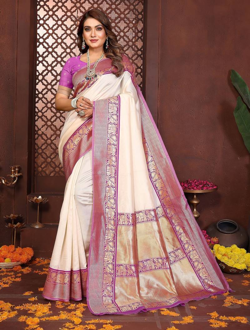 Cream banarasi silk jacquard saree for women