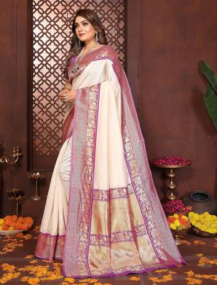 Cream banarasi silk jacquard saree for women 2