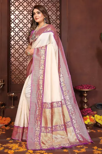 Cream banarasi silk jacquard saree for women