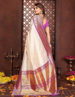 Cream banarasi silk jacquard saree for women 3