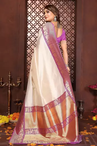 Cream banarasi silk jacquard saree for women