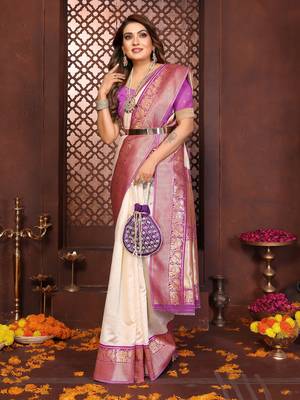 Cream banarasi silk jacquard saree for women 4