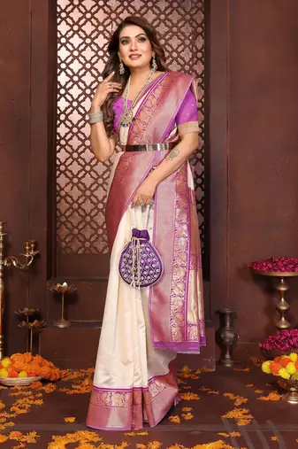 Cream banarasi silk jacquard saree for women