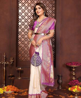 Cream banarasi silk jacquard saree for women 5