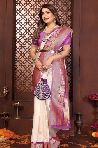 Cream banarasi silk jacquard saree for women