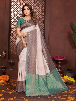 Beige banarasi silk jacquard saree for women 1