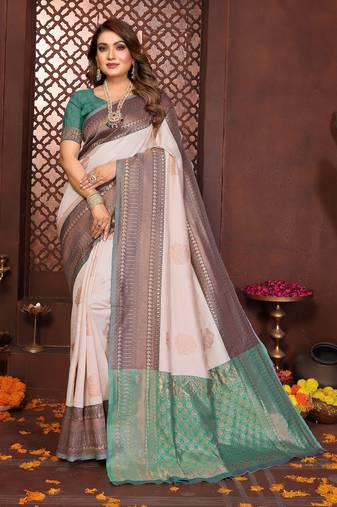 Beige banarasi silk jacquard saree for women